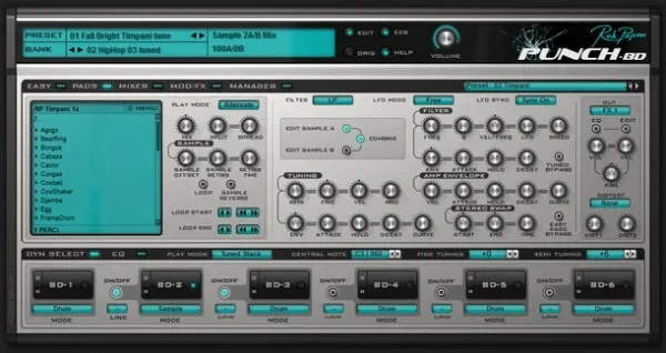 Punch-BD bass drum synth plugin interface by Rob Papen