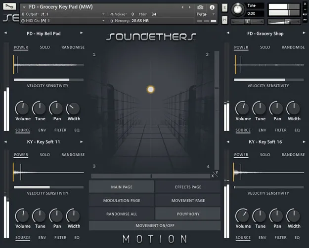 Motion Kontakt instrument by Loot Audio interface with modulated sound categories