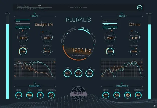 Pluralis delay plugin by United Plugins interface showing split-signal delay modes