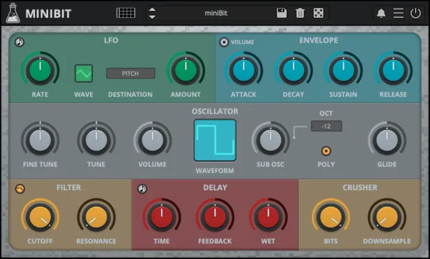 miniBit 8-bit chiptune synthesizer plugin interface by AudioThing