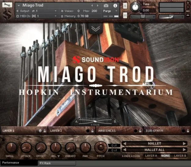 Miago Trod by Soundiron Kontakt instrument showing a Hopkin metal lamellophone
