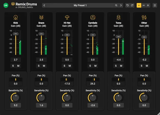 Remix:Drums by Acon Digital drum stem separation plugin interface