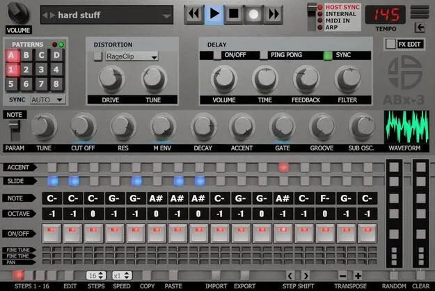 Abx3 bass line synthesizer plugin interface by Audio Blast