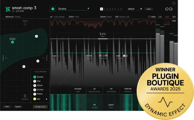 smart:comp 3 by sonible compressor plugin interface showing Compression Matrix