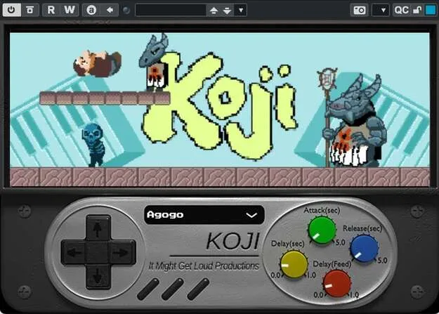 Koji Drums by Ugritone retro 16-bit drum machine plugin interface with Mr. Koji animation
