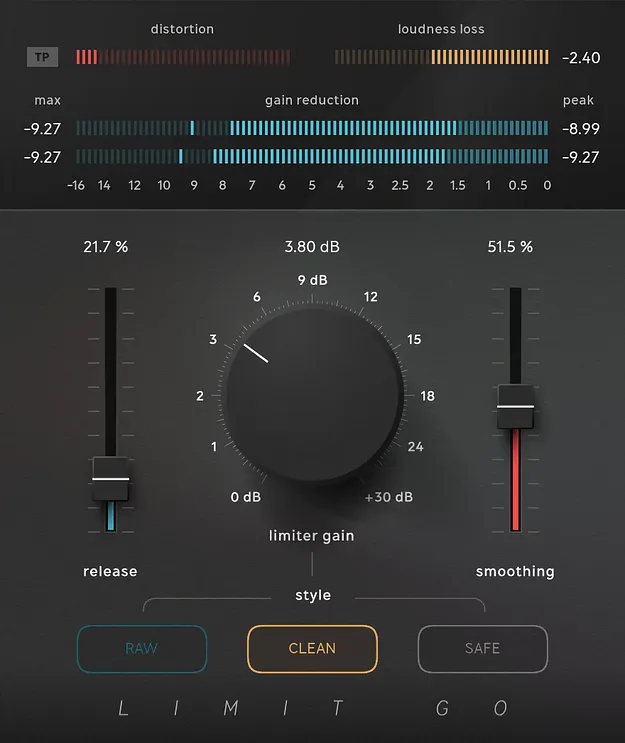 Limit Go by Softube limiter plugin interface with meters and controls