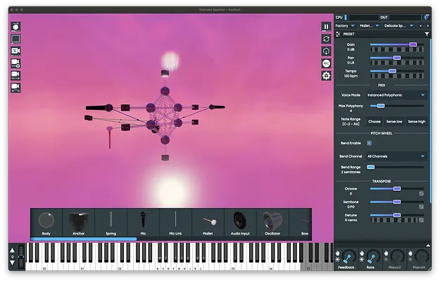 Anukari 3D physics synthesizer plugin interface showing masses and springs in a 3D world
