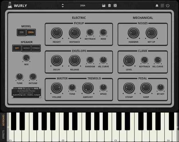 Wurly by AudioThing Wurlitzer electric piano plugin interface