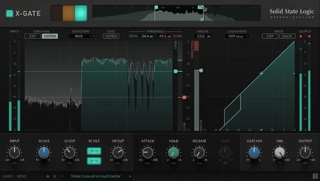 SSL X-Gate gate plugin interface by Solid State Logic showing waveform graph and threshold controls