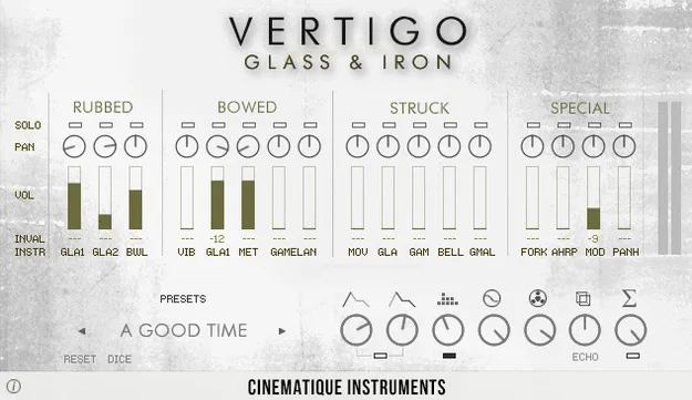 Vertigo Glass & Iron by Cinematique Instruments Kontakt instrument interface