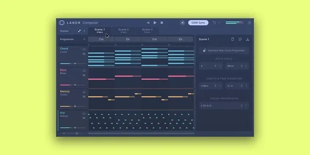 LANDR Composer AI MIDI generator plugin interface by LANDR