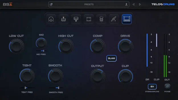 Telos - Drums drum mixing plugin interface by Black Salt Audio