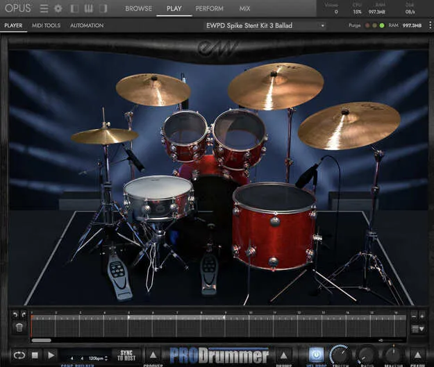 ProDrummer 2 drum instrument plugin interface by EastWest Sounds